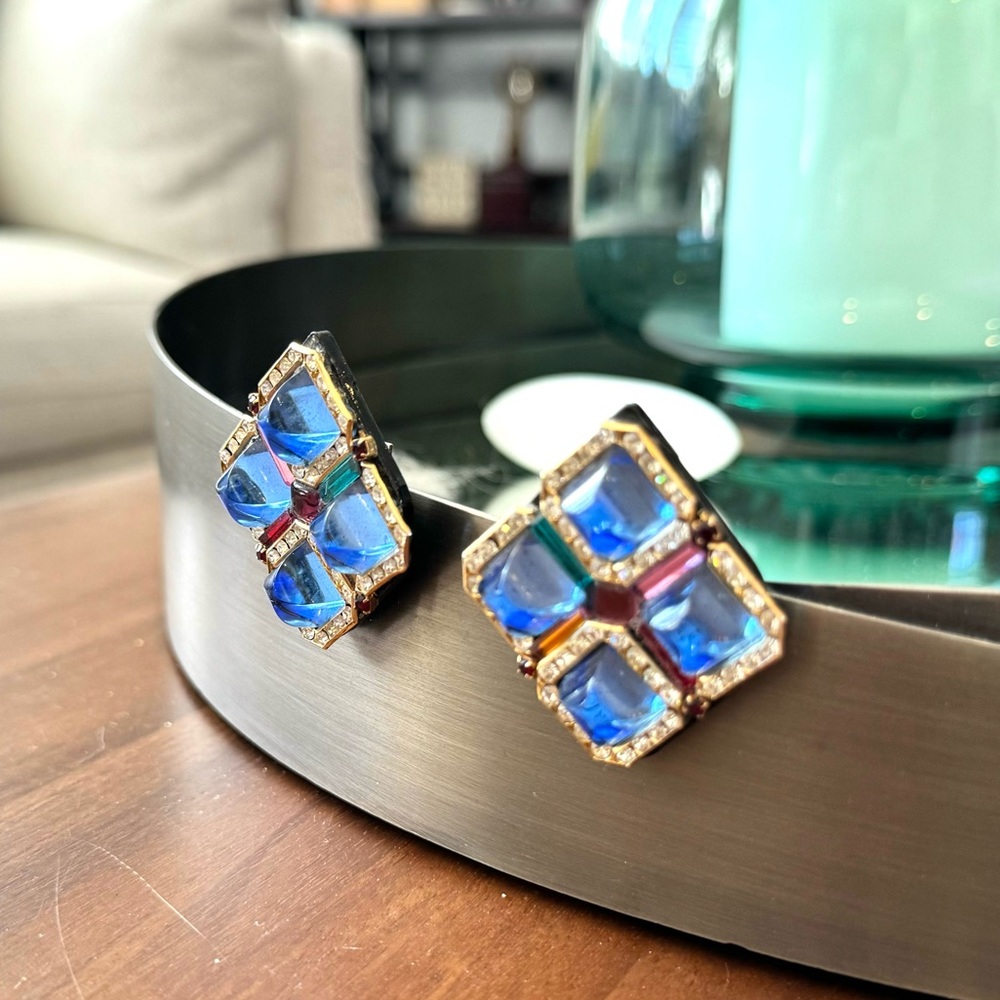 Vintage Hansen Designs Multi Color Gem Clip On Earrings - Picture 4 of 10